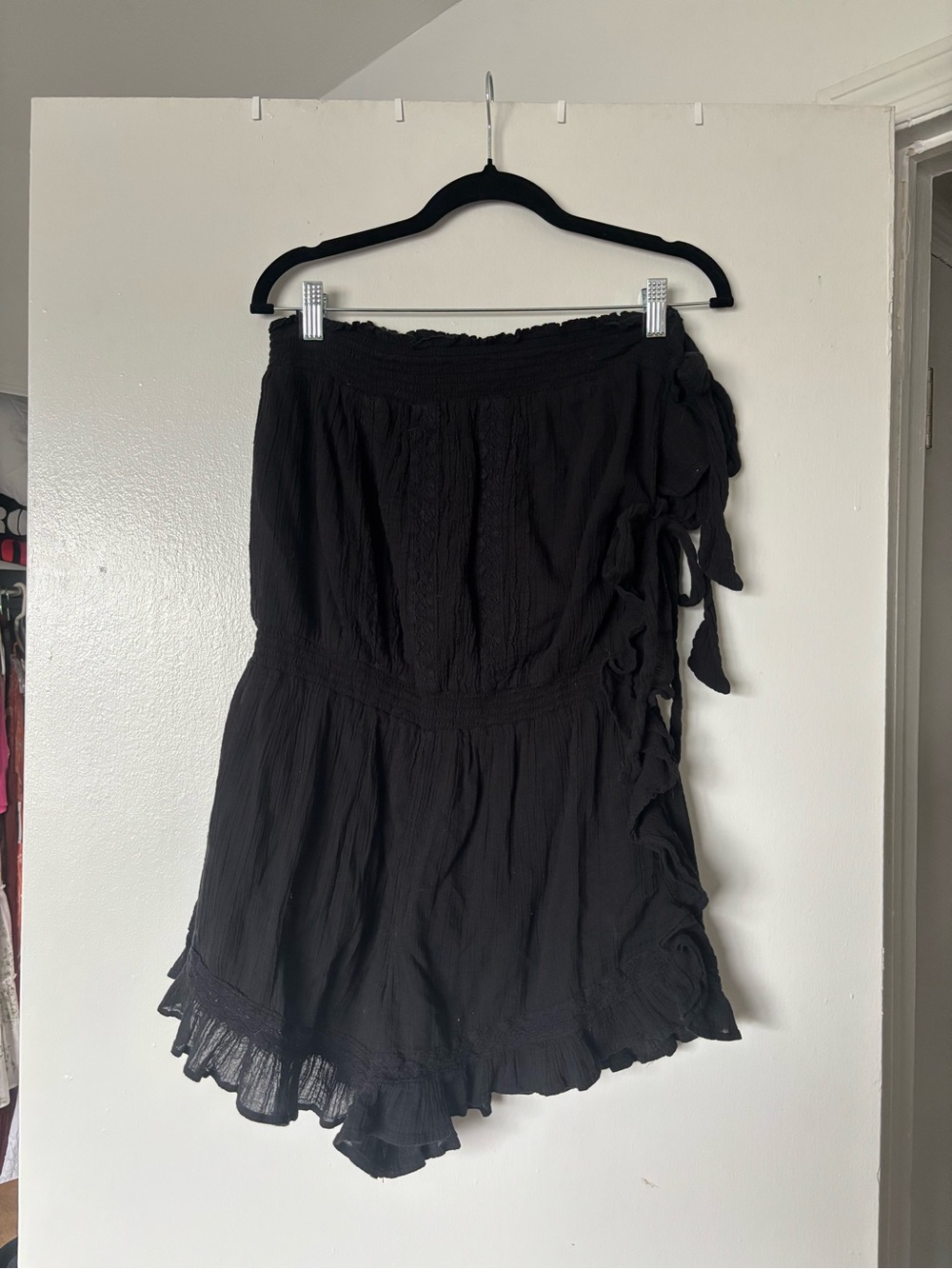 Free People Black Smocked Strapless Romper with Side Ties